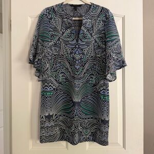 BCBG Max Azria Printed Shift Dress Blue Green Short Sleeve XXS